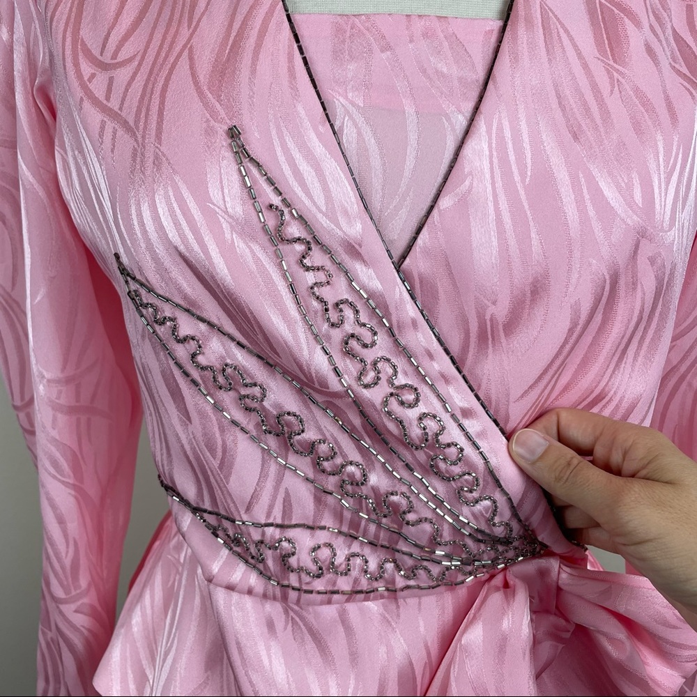 Vintage ILGWU Pink Beaded Pleated Jacket Dress Gown Women Size 12 Made In USA - Picture 7 of 9